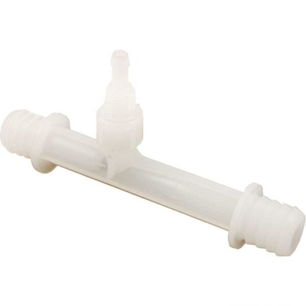 The OZONE MAZZEI INJECTOR is a white plastic inline check valve with barbed hose connectors at both ends and a central vertical port, designed to control fluid flow in tubing systems.