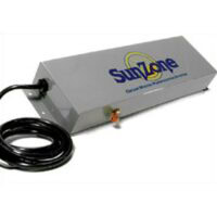 A rectangular, gray OZONE SUNDANCE UV 240V ozone water purification system with an attached power cord and a logo on the top surface.