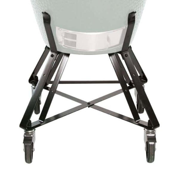 Close-up of the Nest for Medium Big Green Egg, featuring black metal legs with crossbars for stability and four wheels, supporting a round grill above.