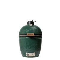 The BGE Small is a green, egg-shaped ceramic grill and smoker with a domed lid, built-in thermometer, and metal top vent, shown against a white background.