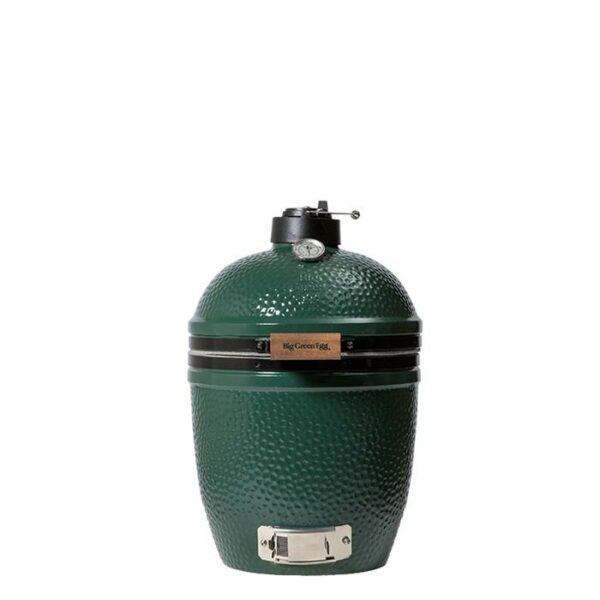 The BGE Small is a green, egg-shaped ceramic grill and smoker with a domed lid, built-in thermometer, and metal top vent, shown against a white background.