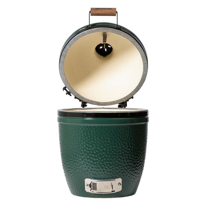 The BGE Small is a green ceramic kamado-style grill featuring a textured exterior, an open lid revealing a cream-colored interior with an air vent, and a wooden handle on top.