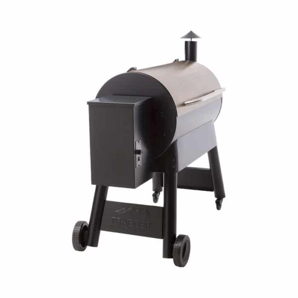 A bronze Traeger Pro Series 34 wood pellet grill and smoker with a cylindrical body, top chimney, side hopper, two wheeled legs, and two stationary legs, pictured against a white background.