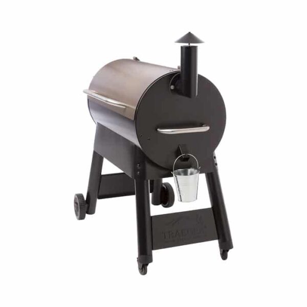 The Pro Series 34 Grill - Bronze is a barrel-shaped outdoor smoker on wheels with a chimney, side handle, and metal bucket beneath for collecting drips.