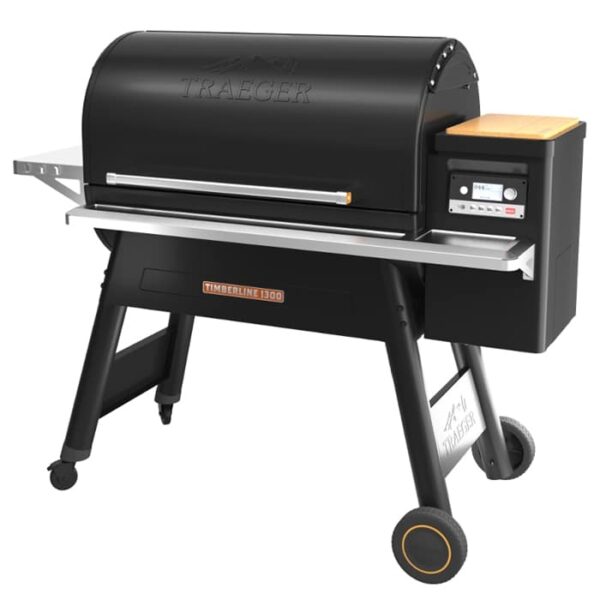 The Timberline 1300 Pellet Grill is a black outdoor grill featuring a digital control panel, side shelf, and a right-side wooden tray.