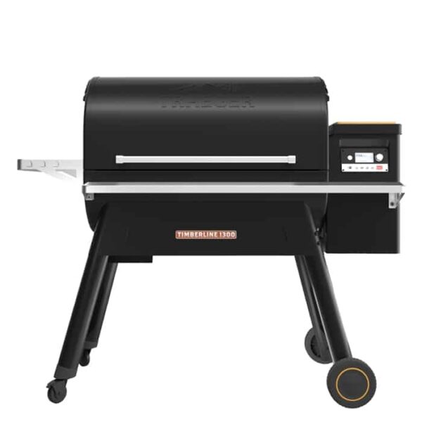 The Timberline 1300 Pellet Grill is a black, barrel-shaped grill with a side handle, control panel, wheels, and sturdy legs, shown from the side against a white background.