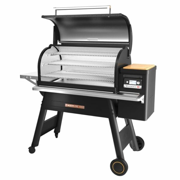 The Timberline 1300 Pellet Grill is a black pellet grill and smoker with a digital control panel, wooden side shelf, spacious cooking chamber with racks, four legs (two with wheels), and an open lid showing the interior grates.