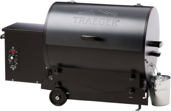 A TRAEGER-Pro Series 20 Blue pellet grill with a closed lid, side control panel, wheels for mobility, and a metal bucket for drippings.