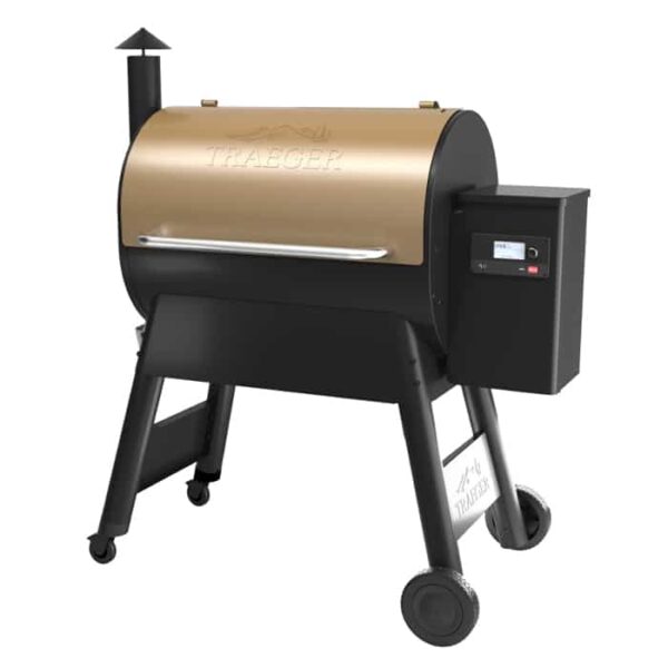 The Traeger Pro 780 Pellet Grill - Bronze features a bronze lid, black body, top chimney, wheels for mobility, and a side digital control panel. Traeger branding appears on the front.