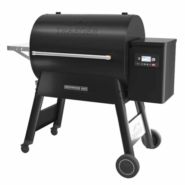 The Ironwood 885 + Pellet Sensor is a black pellet grill with a digital control panel, side shelf, sturdy wheels, barrel-shaped body, and large lid handle for easy use.