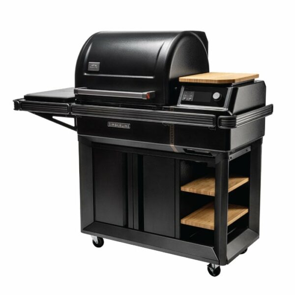 The Timberline 2022 is a black outdoor pellet grill featuring a large lid, digital control panel, two wooden shelves on the right, a foldable side table on the left, bottom storage cabinet, and caster wheels for easy mobility.