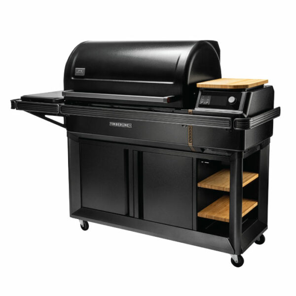The Timberline XL 2022 is a large black outdoor grill with a domed lid, side and wooden shelves, storage cabinets underneath, and wheels for easy mobility.