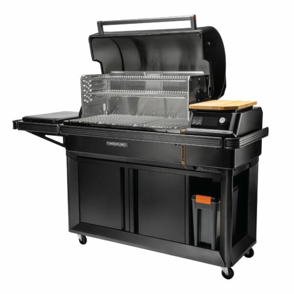 The Timberline XL 2022 is a black outdoor pellet grill featuring a large open lid, stainless steel grilling surface, side shelf with wooden cutting board, control panel, storage cabinets below, and wheels for easy mobility.