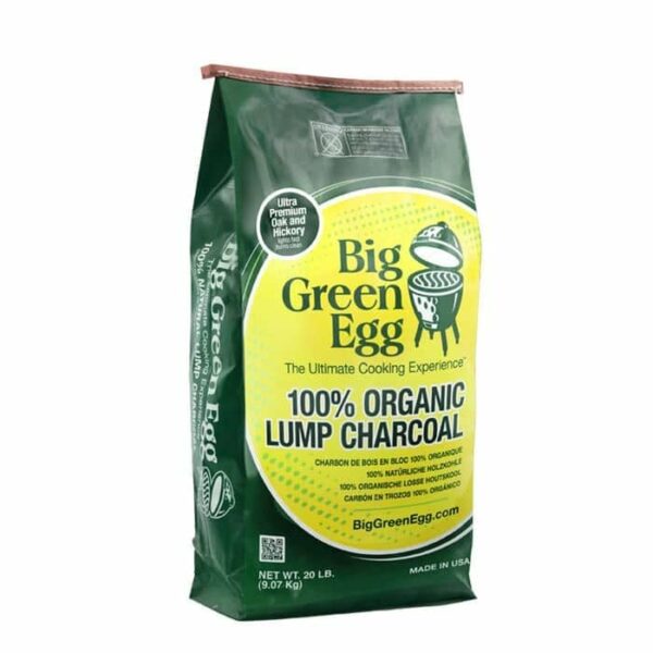A green 20-lb bag of Big Green Egg Lump Charcoal features bold yellow and white text, a grill logo, and highlights its ultra-premium oak and hickory blend.