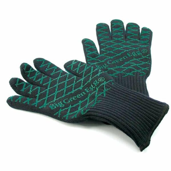 A pair of black Pit Mitt BBQ Gloves with green diamond-patterned grip and Big Green Egg branding on the palms, displayed overlapping with fingers apart.
