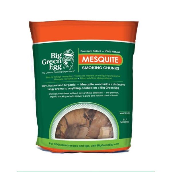 A 9 lb (4.0 kg) bag of Smoking Chunks - Mesquite, labeled as premium 100% natural, with a green and orange design and a clear window displaying the wood chunks inside.