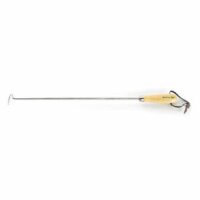 The Pigtail Meat Flipper features a long metal handle and wooden grip, making it ideal for safely moving and flipping meat on your grill or smoker.