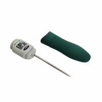 The BGE-Pocket Thermometer, featuring a metal probe and green protective cover, is shown on a white background with its digital screen displaying a temperature reading.