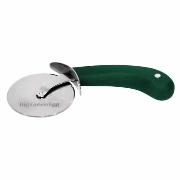 The BGE-Pizza Cutter Rolling features a large, round stainless steel blade with Big Green Egg engraved on it and a dark green ergonomic handle for comfortable use.