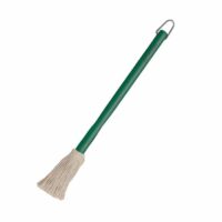 The BBQ Sauce Mop features a green handle, white string bristles for basting, and a metal loop at the end for easy hanging.