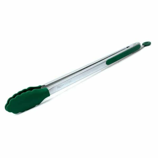 The BGE-Premium Long Handle Tongs, featuring green silicone tips and grips, are pictured partially open and diagonally angled against a white background.