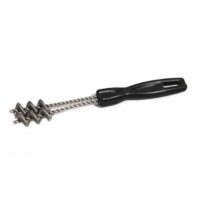 The Dual-Spiral Grill Cleaner features a black plastic handle and twisted metal wires in a zigzag pattern, ideal for scrubbing grill grates.