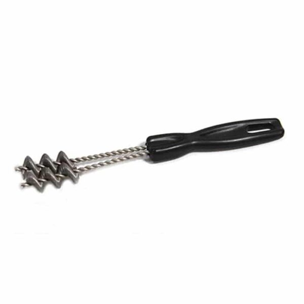 The Dual-Spiral Grill Cleaner features a black plastic handle and twisted metal wires in a zigzag pattern, ideal for scrubbing grill grates.