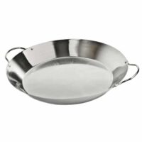 The Stir Fry and Paella Grill Pan is a large, round stainless steel pan with two curved handles on opposite sides, shown on a white background.