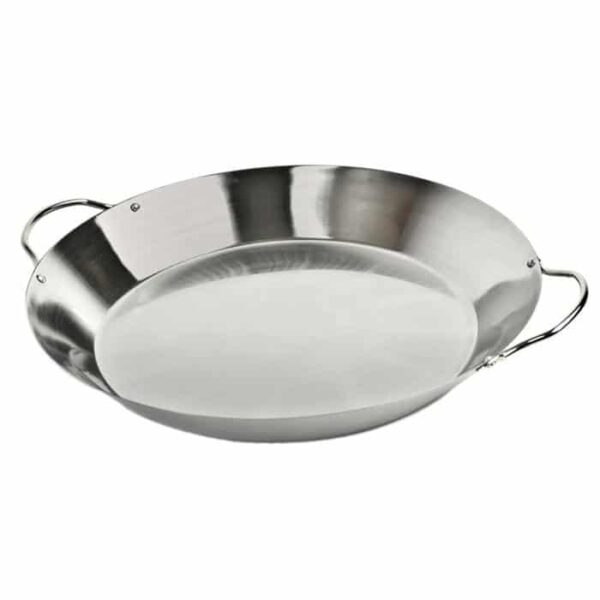 The Stir Fry and Paella Grill Pan is a large, round stainless steel pan with two curved handles on opposite sides, shown on a white background.