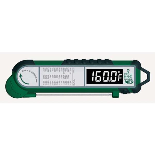 The Instant Read Digital Food Thermometer, featuring a green casing, shows a temperature of 160.0°F and includes a chart with safe cooking temperatures for various foods.