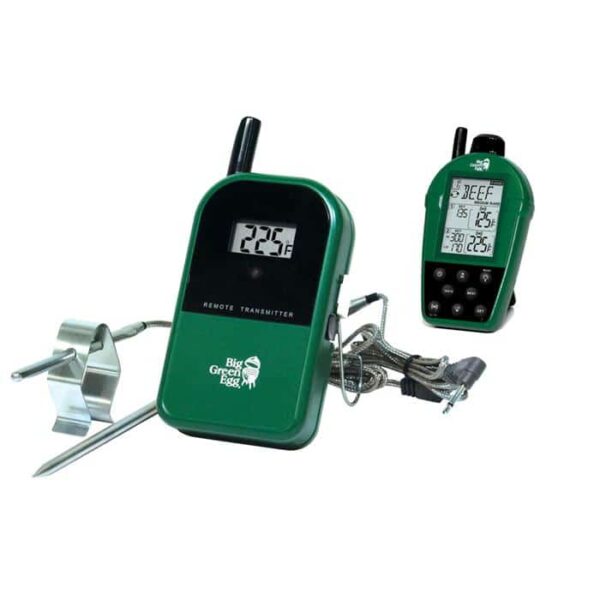 Two green Dual Probe Wireless Thermometers, one displaying 225°F and the other with preset meat settings, both branded “Big Green Egg,” with probes and wires visible.