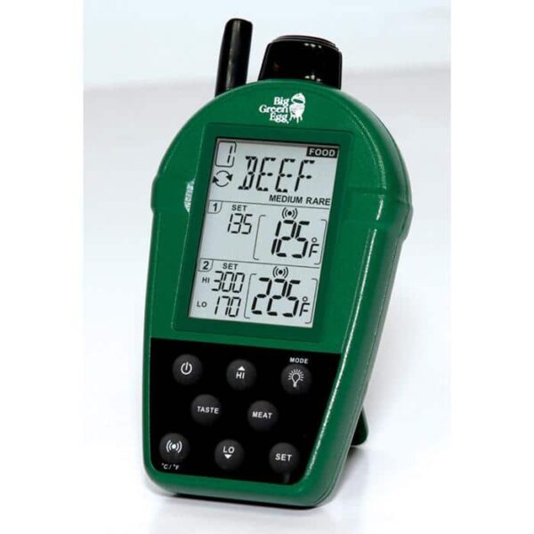 The Dual Probe Wireless Thermometer is a green digital device with a display showing beef cooking temperatures and readings, Big Green Egg labeled at the top, and various buttons below the screen.