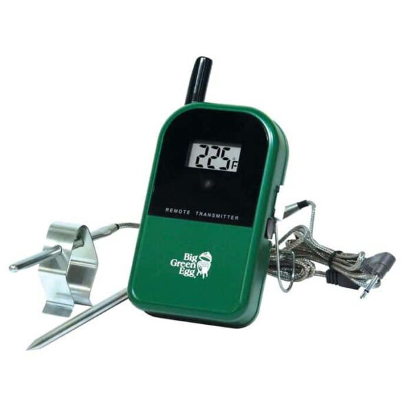 The Dual Probe Wireless Thermometer, labeled Big Green Egg, is a green digital remote transmitter with a 225°F display, metal probe, wire, and clip.