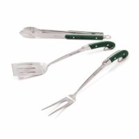 The BGE-BBQ Tool Set includes three stainless steel barbecue tools—a pair of tongs, a slotted spatula, and a meat fork with green and black handles—arranged on a white background.
