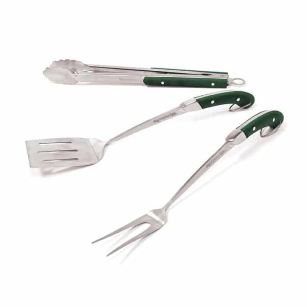 The BGE-BBQ Tool Set includes three stainless steel barbecue tools—a pair of tongs, a slotted spatula, and a meat fork with green and black handles—arranged on a white background.
