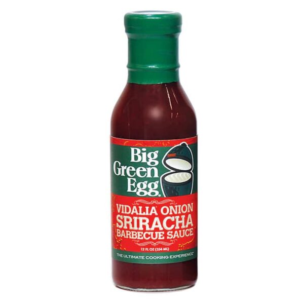 A bottle of Vidalia Onion Siracha BBQ Sauce with a green cap and a green and red label displaying the brand logo and product name.
