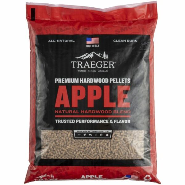 A red and black bag of Apple BBQ Wood Pellets displays wood pellets inside. The packaging highlights All-Natural, Clean Burn, and Made in USA features.
