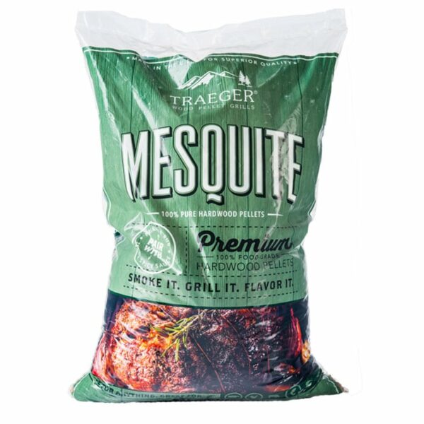 A bag of Mesquite BBQ Wood Pellets with green packaging, an image of grilled meat at the bottom, and the text Smoke it. Grill it. Flavor it.