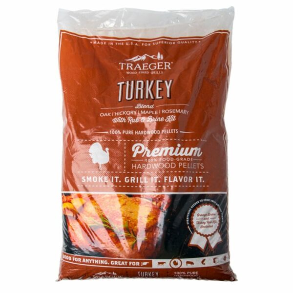 A bag of Turkey Pellet Blend with Brine, featuring oak, hickory, maple, and rosemary for smoking and grilling; orange packaging with white text and a grilled turkey image.