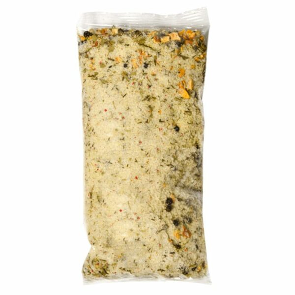 A clear plastic bag filled with Turkey Pellet Blend with Brine, a dry seasoning mix featuring assorted herbs, spices, and visible vegetable pieces.