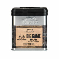 A 7.75 oz (220 g) metal container of TRAEGER-Realtree Big Game Rub with sea salt and paprika; label states its gluten free, GMO free, and made with 100% natural ingredients.