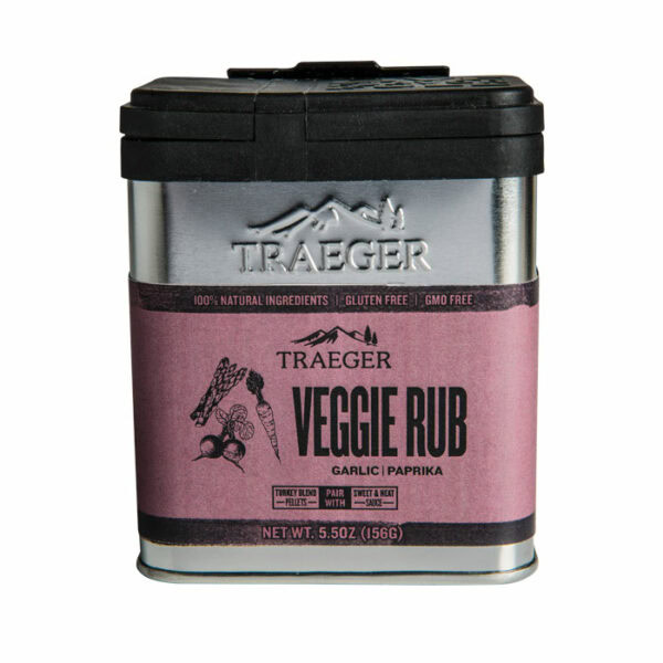 Traeger Veggie Rub comes in a rectangular metal container with a black lid and purple label showing vegetables. The gluten-free, GMO-free rub with garlic and paprika weighs 5.5 oz (156g).