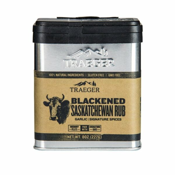 A rectangular Traeger Blackened Saskatchewan Rub container with a black lid, featuring a buffalo illustration and label text about garlic, signature spices, and natural ingredients.