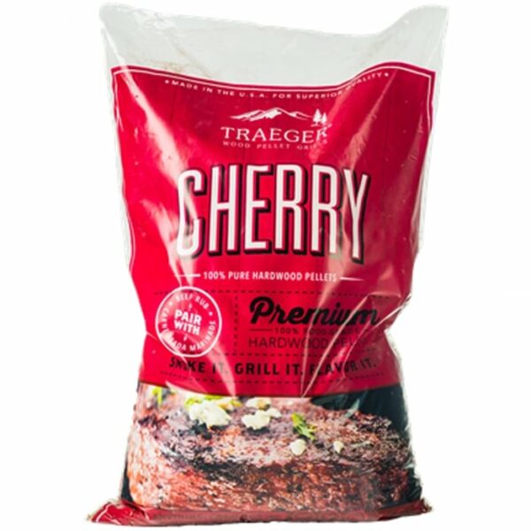 A bag of Cherry BBQ Wood Pellets in red packaging, with bold white text and an image of grilled meat garnished with herbs at the bottom.