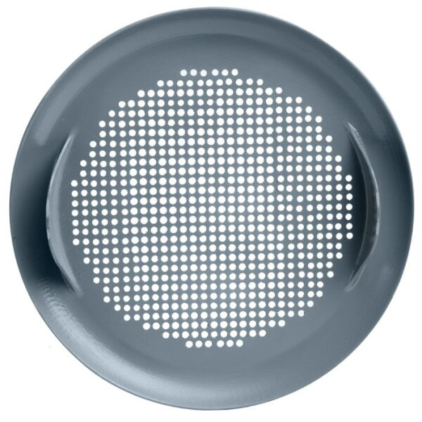The Pellet Storage Lid & Filter is a round, gray metal accessory with two side handles and numerous small holes on its flat base, shown from above against a white background.
