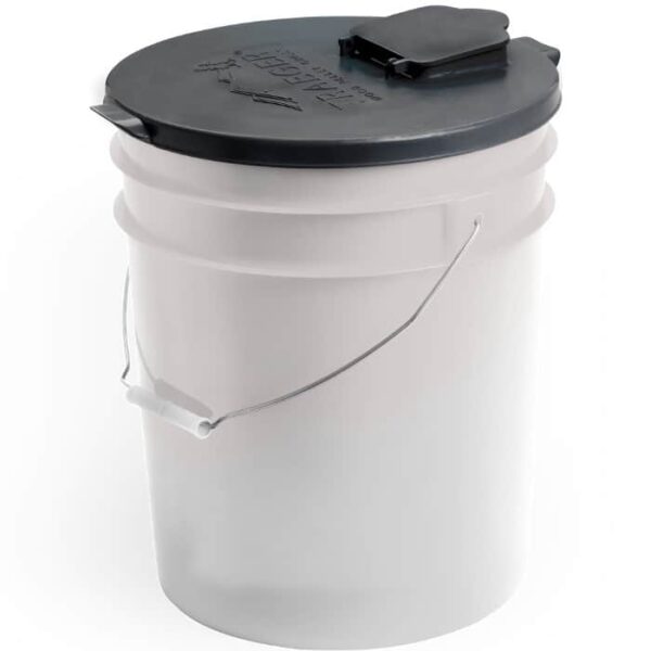 The Pellet Storage Lid & Filter is a white plastic bucket with a metal handle and a black airtight locking lid, designed for secure pellet storage.