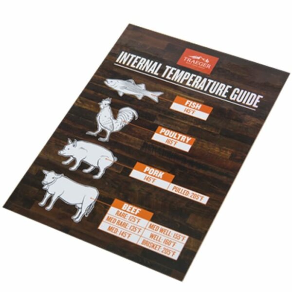 The Internal Temperature Guide Grill Magnet features a chart with illustrated fish, chicken, pig, and cow icons, showing safe cooking temperatures: fish (145°F), poultry (165°F), pork (145°F/205°F), and beef from rare to well done.
