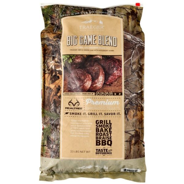 A bag of TRAEGER-Realtree BigGame Blend hardwood pellets with grilled meat imagery, camouflage background, and text highlighting its versatility for grilling, smoking, baking, roasting, and BBQ.