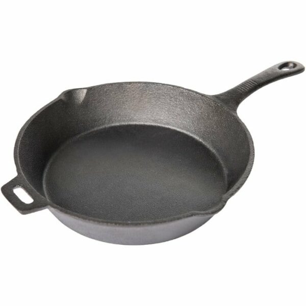 The TRAEGER 10.5 Cast Iron Skillet, shown on a white background, features a black finish, a main handle, and a small helper handle opposite it.