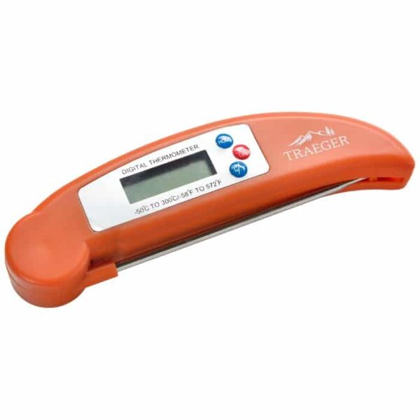 The TRAEGER Digital Instant Read Thermometer is an orange device with a foldable metal probe, small LCD screen, and three buttons, designed for measuring food temperatures.